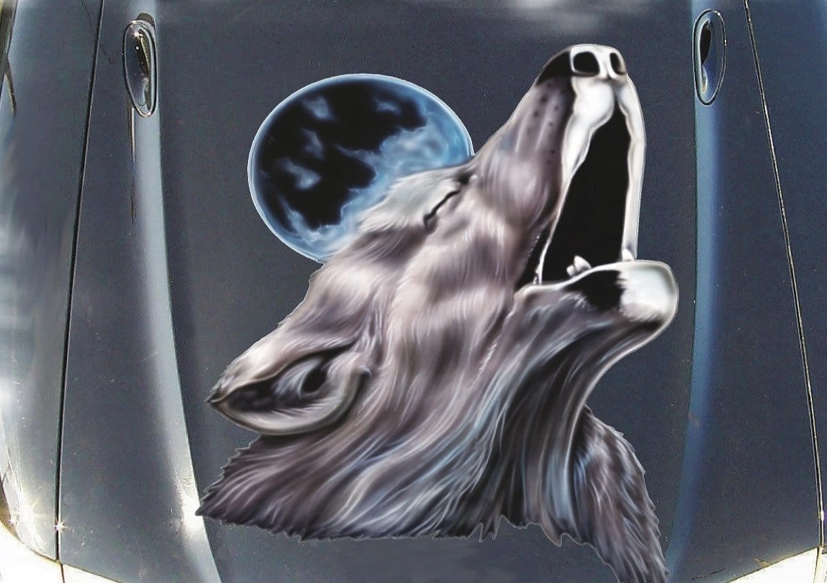 howling wolf moon vinyl graphics on car hood